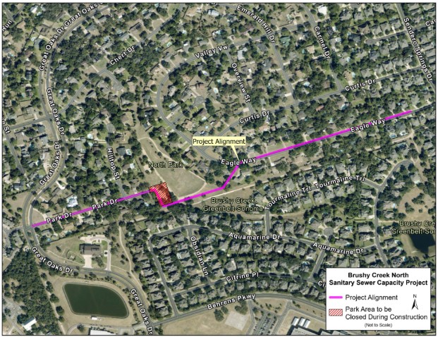 IMage of Brushy Creek North Sewer Capacity project specs along Park Drive and Eagle Way